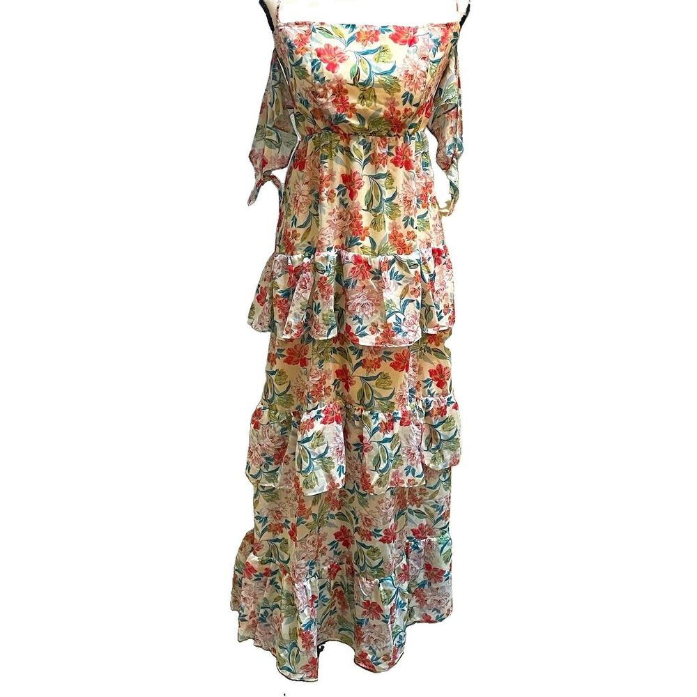 SOAH Soul of a Hippie Floral Tiered Maxi Dress M Lace Up Back Cold Shoulder Boho